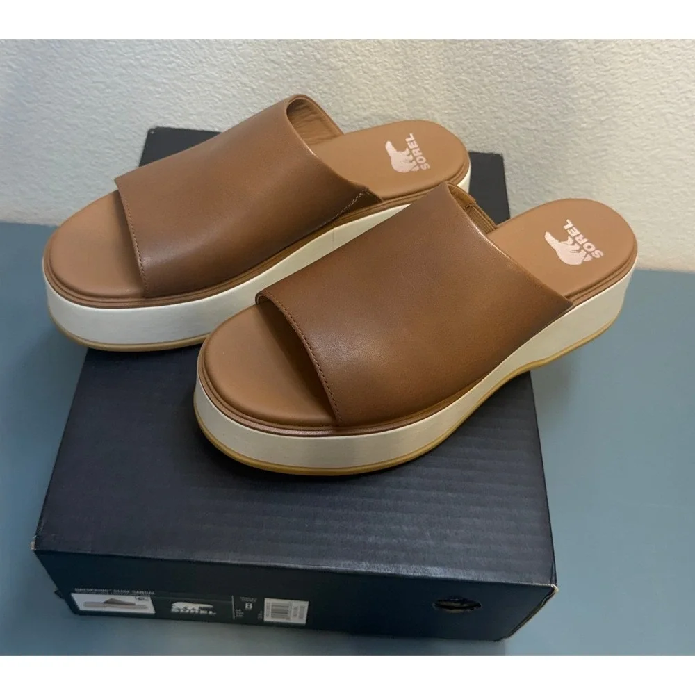 Sorel Dayspring Slide Sandal‎ Velvet Tan Chalk Leather Platform Mules Womens 8